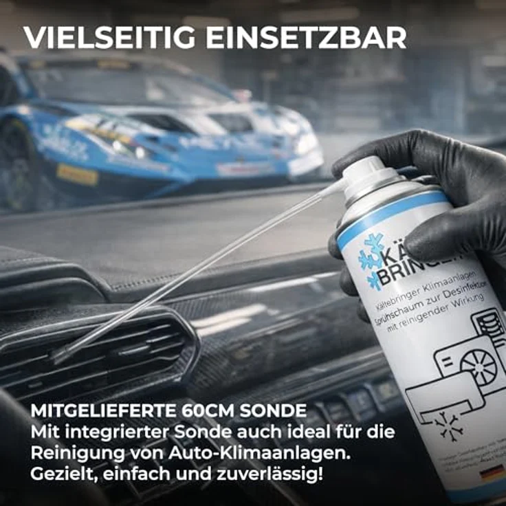Kältebringer Klimaanlagenreiniger Schaum 400ml - Desinfektionsmittel für Splitgeräte und Autos, mit 60cm Sonde, entfernt Gerüche & Bakterien - Made in Germany – Bild 4