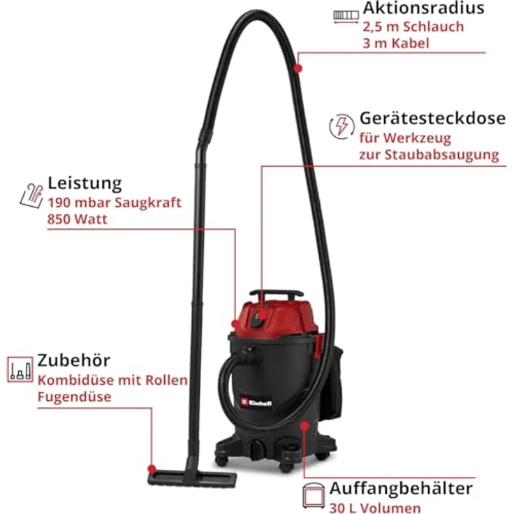 Einhell TC-VC 3055 A, Nass- und Trockensauger mit 850 Watt, 190 mbar Saugleistung, 30 L Auffangbehälter, Automatiksteckdose, inkl. Düsen und Filter – Bild 2