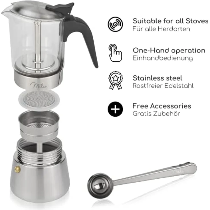Milu Espressokocher Induktion geeignet | Edelstahl Glas Mokkakanne, Espressokanne, Espresso Maker Set inkl. Untersetzer, Löffel, Bürste 200ml – Bild 2