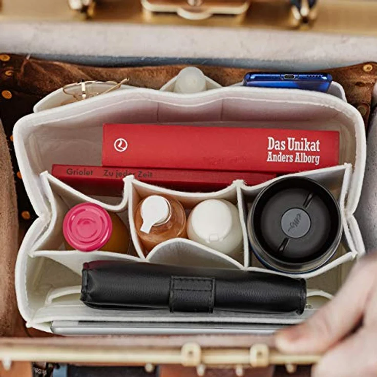 relaxdays Handtasche Taschenorganizer Filz weiß, Größe S, mit 4 Außentaschen und 3 Innentaschen für Ordnung in der Handtasche – Bild 2