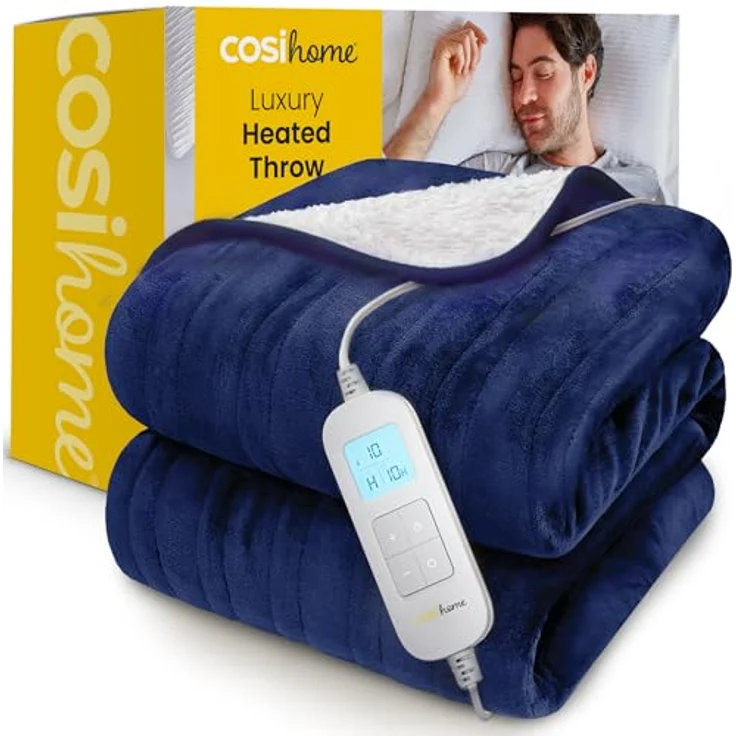Cosi Home Heizdecke 180x130 cm - Elektrische Wärmedecke mit Abschaltautomatik, Überhitzungsschutz, Waschbar, Kuscheliges Sherpa & Fleece, 10 Heizstufen mit digitaler Fernbedienung - Navy – Bild 1