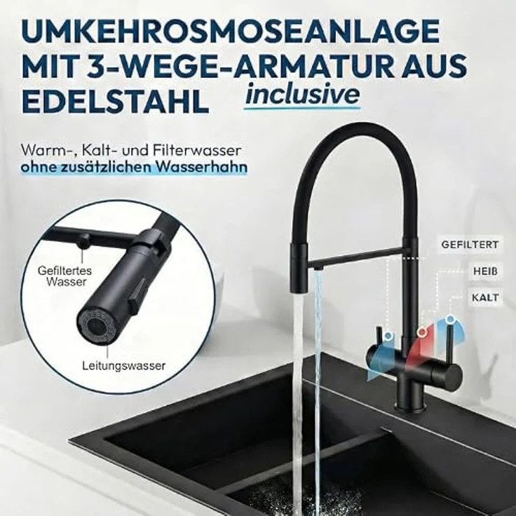 Neues Wasser AORA GT600 Umkehrosmoseanlage, 8-Stufen-Filtration, tankloses Direkt-Flow-System, 3-Wege-Armatur ALPINA Schwarz, hoher Wasserdurchfluss – Bild 2