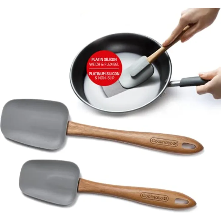 Coolinato 2er Set Silikon Kochlöffel 25cm und 29 cm, Silikonkopf, Holzstiel Akazienholz, hitzebeständig, schonend zu beschichteten Pfannen