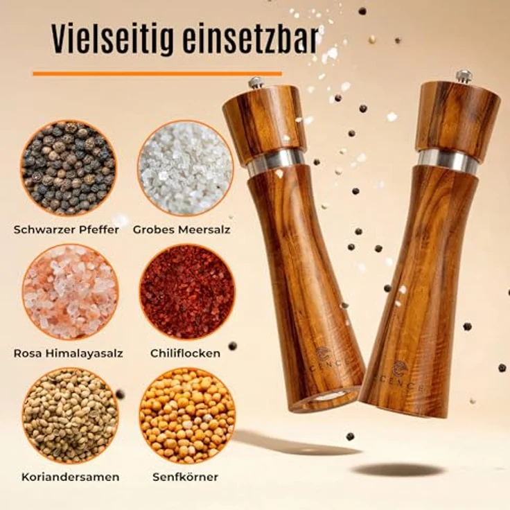 ECENCE Salz-/Pfeffermühle Holz 2er Set aus Akazienholz, Gewürzmühle mit Keramikmahlwerk und Untersetzer – Bild 3