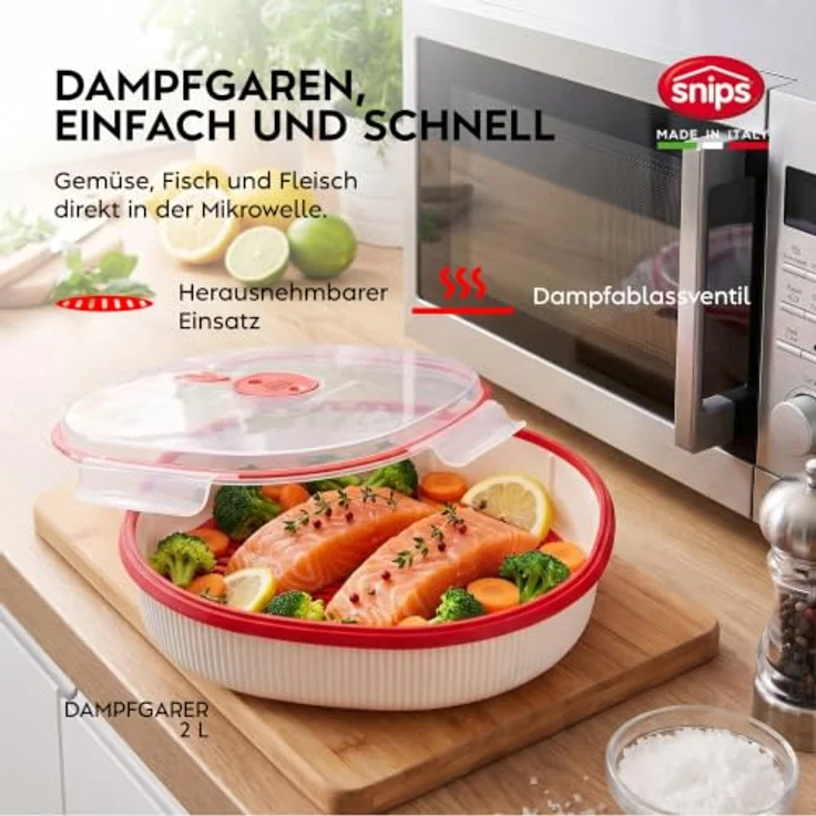 Snips Microwave Frischhaltedosen Set 3, Dampfgarer 2L, Eierkocher und Suppentasse, Made in Italy, spülmaschinengeeignet – Bild 3