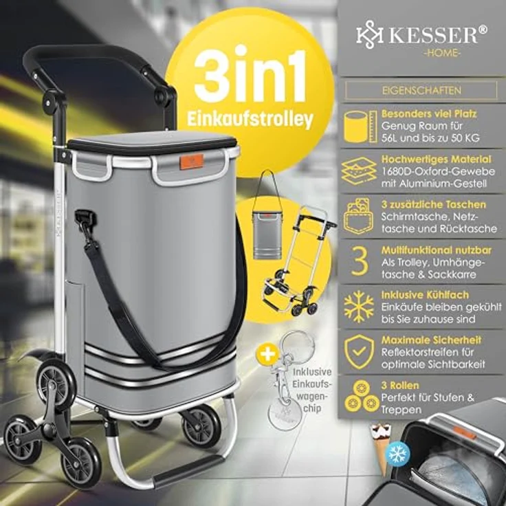 KESSER® Einkaufstrolley Treppensteiger mit Kühlfach, klappbar, 56L Kapazität, bis 50kg belastbar, 3in1 Trolley Sackkarre & Umhängetasche, Grau – Bild 2