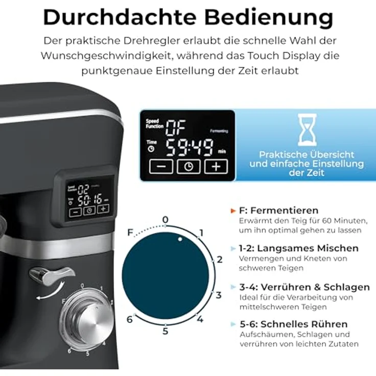KLAMER Küchenmaschine Classic 1400 W, 5,5 L Edelstahlrührschüssel, Knet-, Rühr- & Schneebesenaufsatz, Timer & LED-Display, stabile Saugnapffüße, ideal für Brot-, Kuchen- & Pizzateig – Bild 3