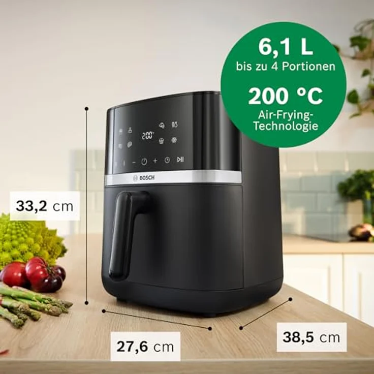 BOSCH Heißluftfritteuse Air Fryer Serie 4 MAF462B0, 6,1l, 2 Heizelemente, 7 Programme, Auftaufunktion, spülmaschinengeeigneter Korb/Gitter, schwarz – Bild 2