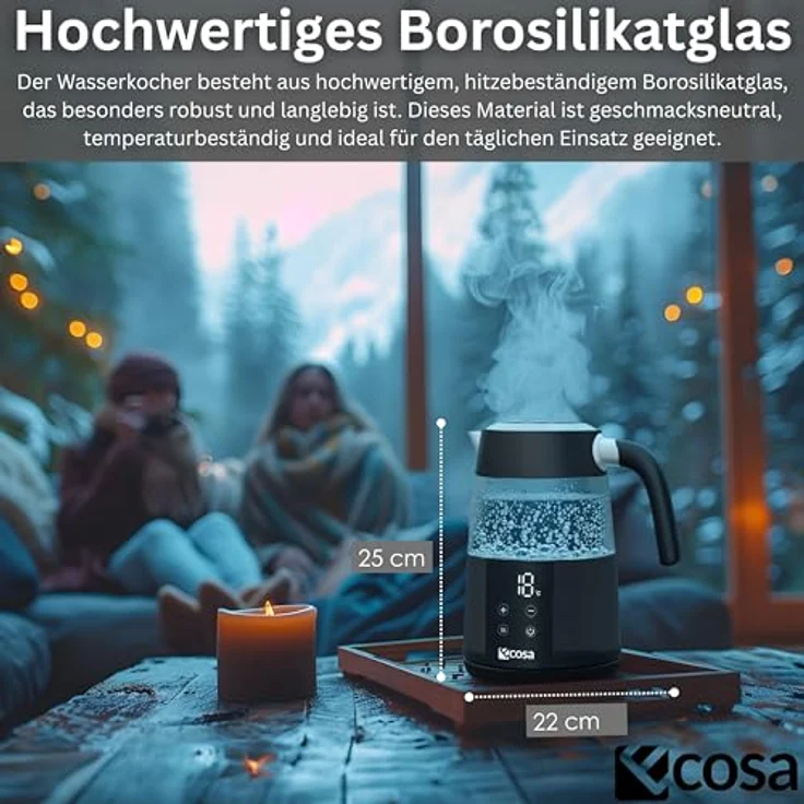 ecosa Wasserkocher EO-699, 1.7 l, 2200 W, digitales Farb-Touchdisplay, 13 Temperaturstufen, Warmhaltefunktion, Kalkfilter, Borosilikatglas – Bild 6