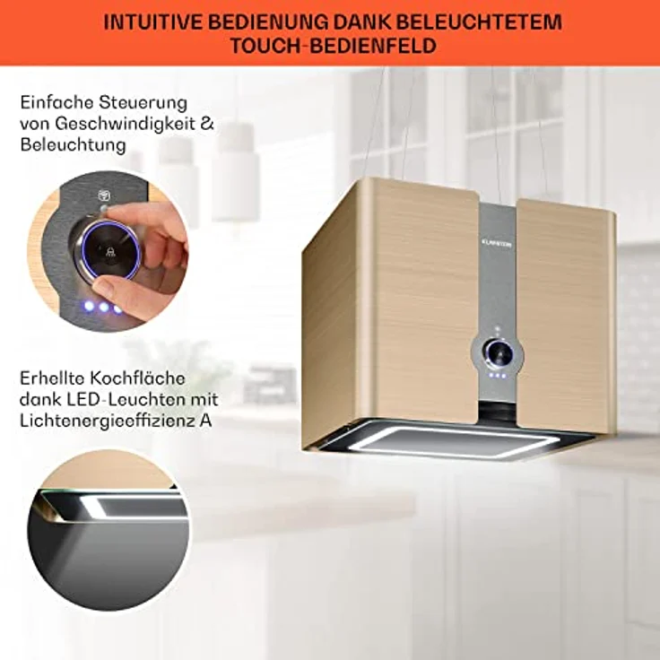Klarstein 10038708 Inselhaube, Futurelight Smart Inselabzugshaube Umluft 420m³/h LED Edelstahl, gold – Bild 5