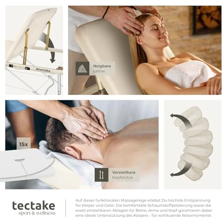tectake Massageliege Phuket, 3-Zonen, höhenverstellbar, klappbar, Beige, Metall, 103x90x212 cm, inklusive 15 Einweg-Nasenschlitztüchern – Bild 7