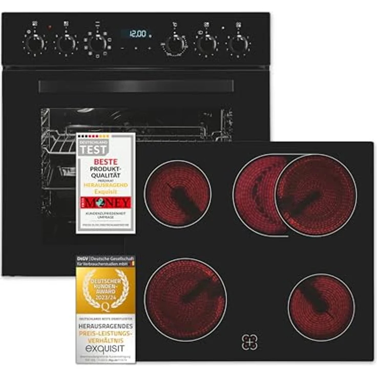 Exquisit Einbauherdset EHE285-HBZ-020-Set schwarz, 75 l Garraumvolumen, 9 Backofenprogramme, Glaskeramikkochfeld mit Rahmen, Energieklasse A – Bild 1