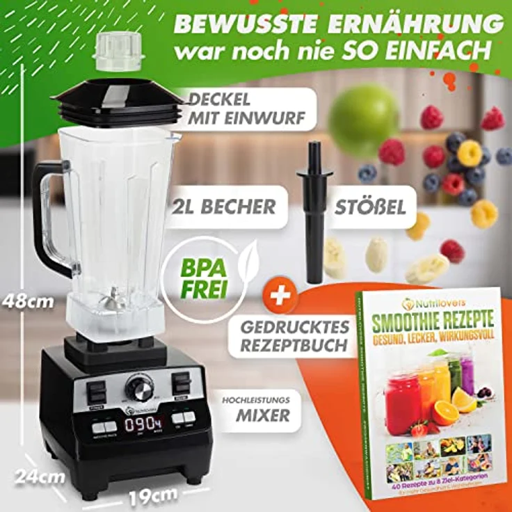 Nutrilovers NUTRI-BLENDER MAX Hochleistungsmixer 2000W Standmixer Smoothie - 2L Tritan, BPA-frei, 9 Stufen, Digital-Timer, inkl. Smoothie Rezeptbuch – Bild 2