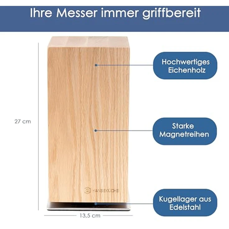 Hanseküche Messerblock magnetisch ohne Messer – Hochwertiger, drehbarer Messerhalter aus edlem Eichenholz, hochwertiges Messerbrett mit Magnet (Rotierend) – Bild 3