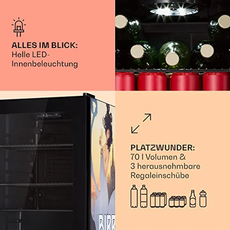 Klarstein Kühlschrank 70L, Leiser Mini Kühlschrank mit Glastür & LED, Outdoor Geeignet, Biersafe für Flaschen, 0-10°C – Bild 5