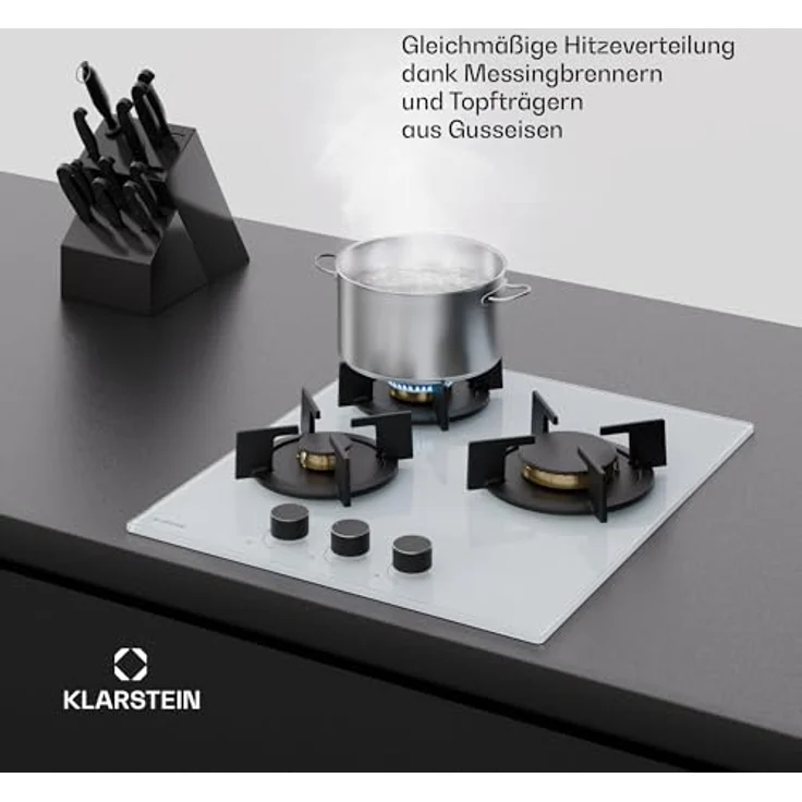 Klarstein Goldflame Gasherd, 3-Brenner Gaskochfeld mit 5800W, Glas & Messing, Flüssiggas/Erdgas, mit automatischer Zündung und Flammenausfall-Sicherung – Bild 4