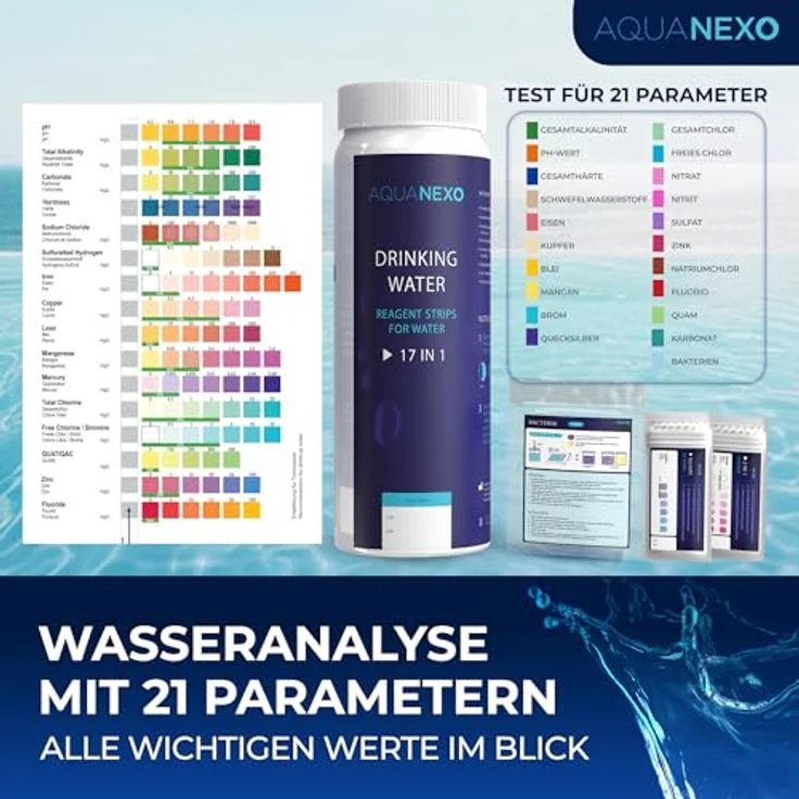 Aquanexo 125 Wassertester Trinkwasser Teststreifen 17-in-1 + 2 Bakterientests + 10 Trinkwasser Teststreifen Nitrat/Nitrit + 10 Trinkwasserteststreifen Sulfate, 16-in-1 Werte, Versand aus Deutschland – Bild 3
