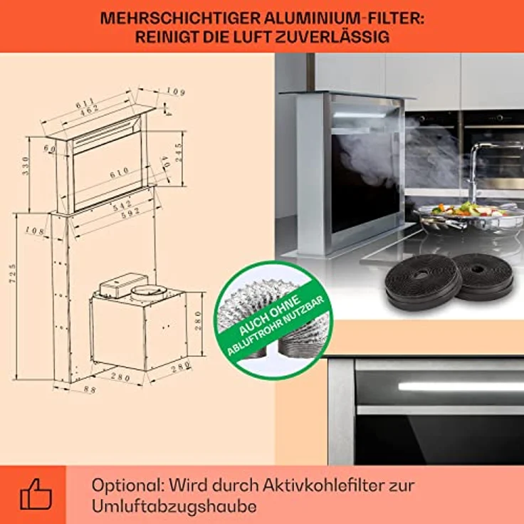 Klarstein Royal Flush Dunstabzugshaube 60 cm, A++, 576 m³/h Abluft, Touch-To-Slide Bedienfeld, Edelstahl & Glas, Geräuscharm 51 dB – Bild 5