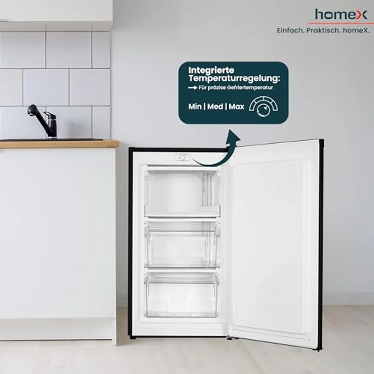 homeX FS1016-B, Gefrierschrank mit 60L Nutzinhalt, 4-Sterne Gefrierleistung, freistehend, schwarz – Bild 6
