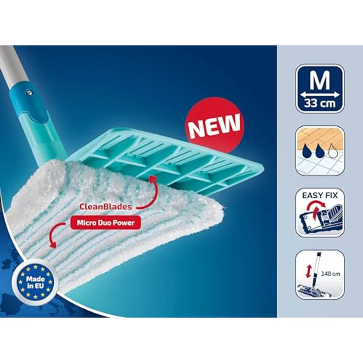 Leifheit Set POWER CLEAN M, rückenschonender Bodenwischer mit Reinigungsklingen und Wischtuchpresse, Wischmopp Set mit Eimer und 2x Mikrofaser Wischbezüge für alle Hartböden, Click-System – Bild 3