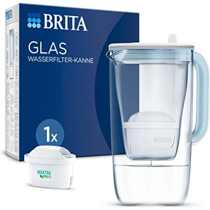 BRITA Glas Wasserfilter-Kanne Hellblau (2,5l) inkl. 1 MAXTRA PRO All-in-1 Kartusche - Premium Design Kanne aus Glas, robust & leicht / reduziert Kalk, Chlor, Pestizide, Metalle wie Blei & Kupfer