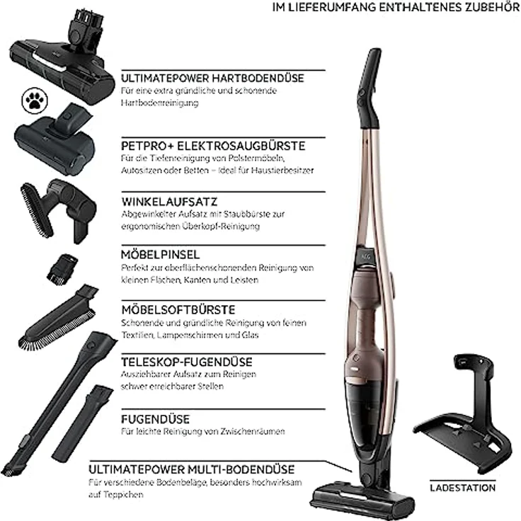 AEG CLEAN 6000 AS62A252XN Akku Staubsauger kabellos/stielstaubsauger beutellos/leise/handstaubsauger akku / 55 min Laufzeit/Hartboden / 2in1 / Tierhaare/Hund/Katze/Teppich/Auto/braun – Bild 2