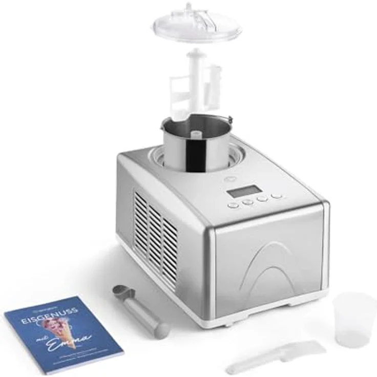 Springlane Kitchen Eismaschine Emma 1,5 L mit selbstkühlendem Kompressor 150 W, aus Edelstahl mit entnehmbarem Eisbehälter, inkl. Rezeptheft (Silber, Emma Silber + 4 Eisbehälter Mini Mint) – Bild 3