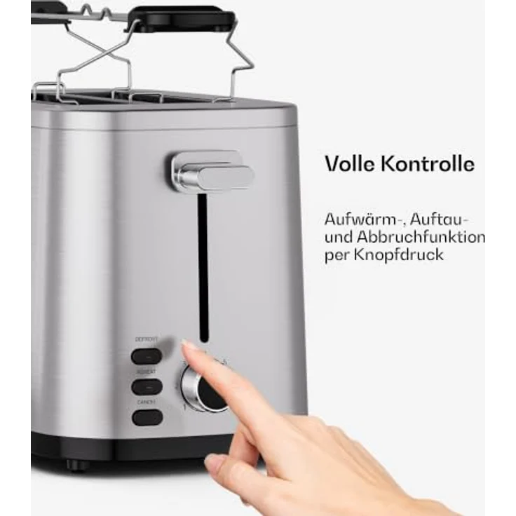 Klarstein VeroSteel 2-Scheiben-Toaster, 800 W mit 7 Bräunungsstufen, Edelstahlgehäuse und Brötchenaufsatz – Bild 5