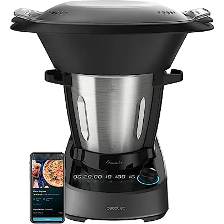 Cecotec Mambo 11090 Multifunktions-Küchenmaschine, 1600 W, 37 Funktionen, APP, Waage und Krug 3, Liter Edelstahl, geeignet für Spülmaschine, Rezept Zubehör, 4341, Schwarz