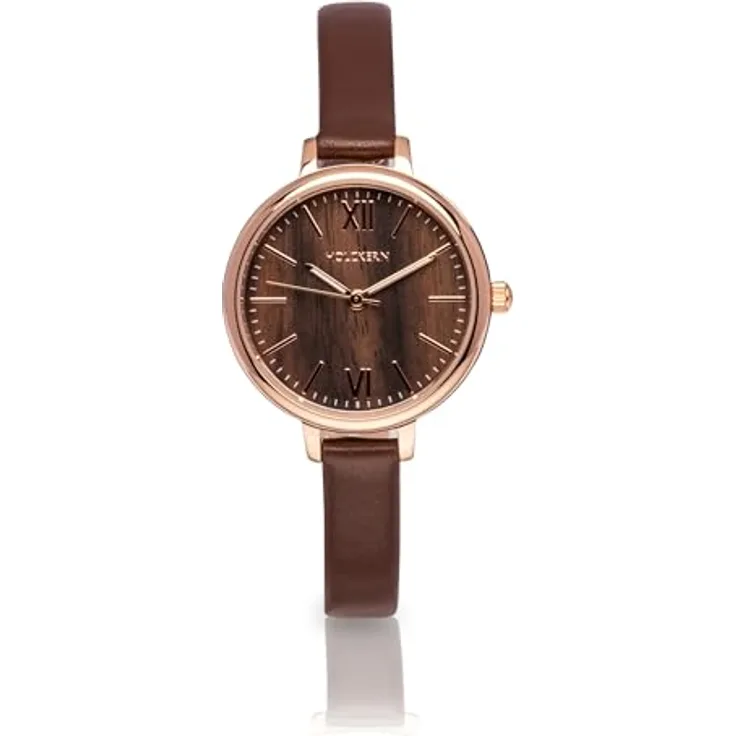HOLZKERN Damenuhr Quarz Shirin, Braun/Roségoldfarben, Lederarmband mit Dornschließe, Mineralglas, analog mit römischen Ziffern