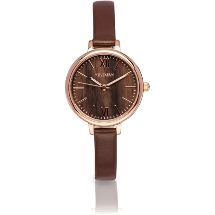 HOLZKERN Damenuhr Quarz Shirin, Braun/Roségoldfarben, Lederarmband mit Dornschließe, Mineralglas, analog mit römischen Ziffern – Bild 1