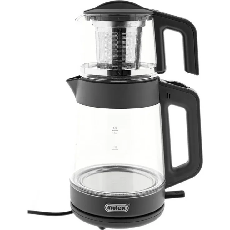 Mulex Tee Express 2-in-1 Wasser-/Teekocher, 1L + 2L aus hitzebeständigem Borosilikatglas, grau, mit Energiesparmodus und Warmhaltefunktion