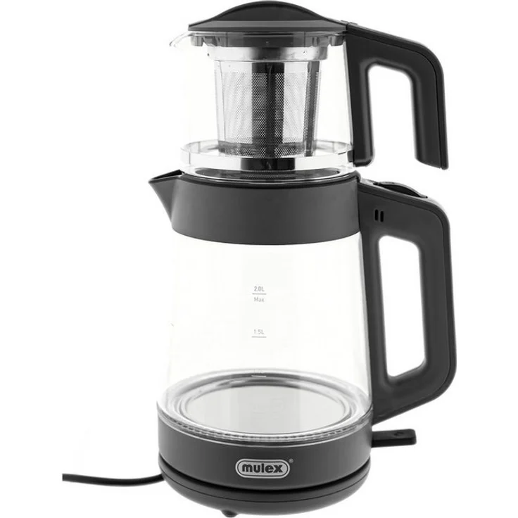 Mulex Tee Express 2-in-1 Wasser-/Teekocher, 1L + 2L aus hitzebeständigem Borosilikatglas, grau, mit Energiesparmodus und Warmhaltefunktion