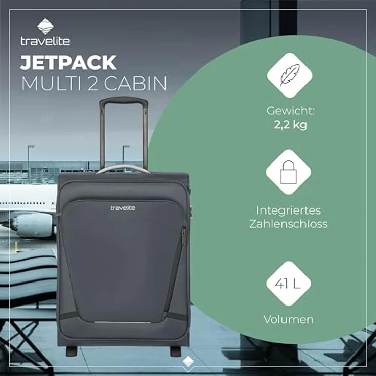 Travelite Jetpack Handgepäck Koffer, 55x40x20 cm, 41 l, 2,2 kg, anthrazit, integriertes Zahlenschloss, 2 Rollen, Aufsteckfunktion für Condor + Ryanair – Bild 2