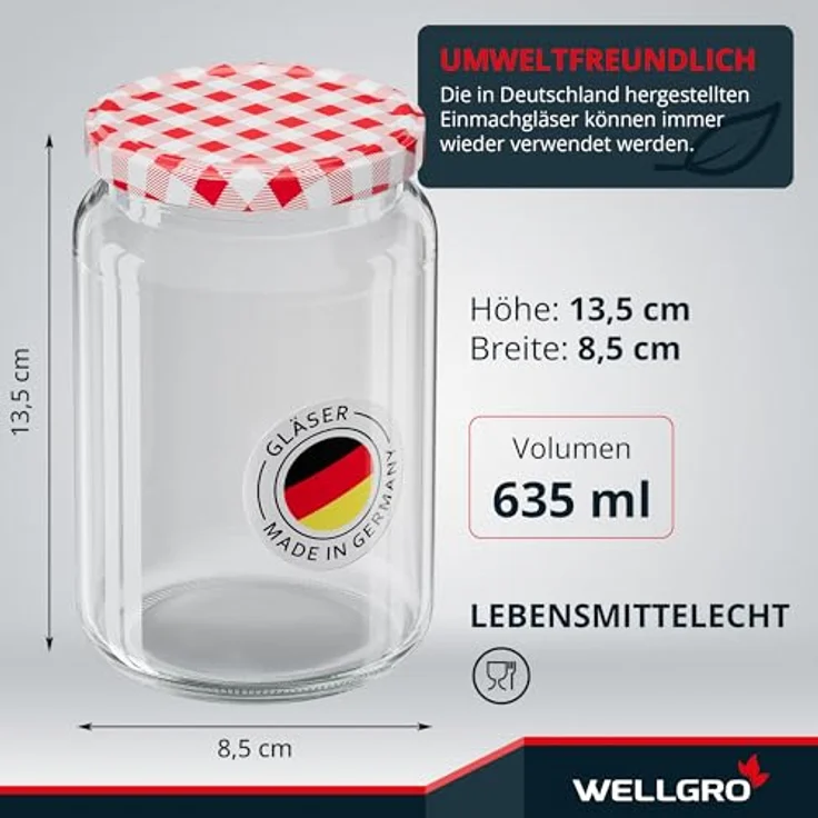 WELLGRO Einmachgläser TO 82, luftdichte Rundgläser mit Schraubdeckel, rot kariert, 635ml, 12 Stück, Made in Germany – Bild 2