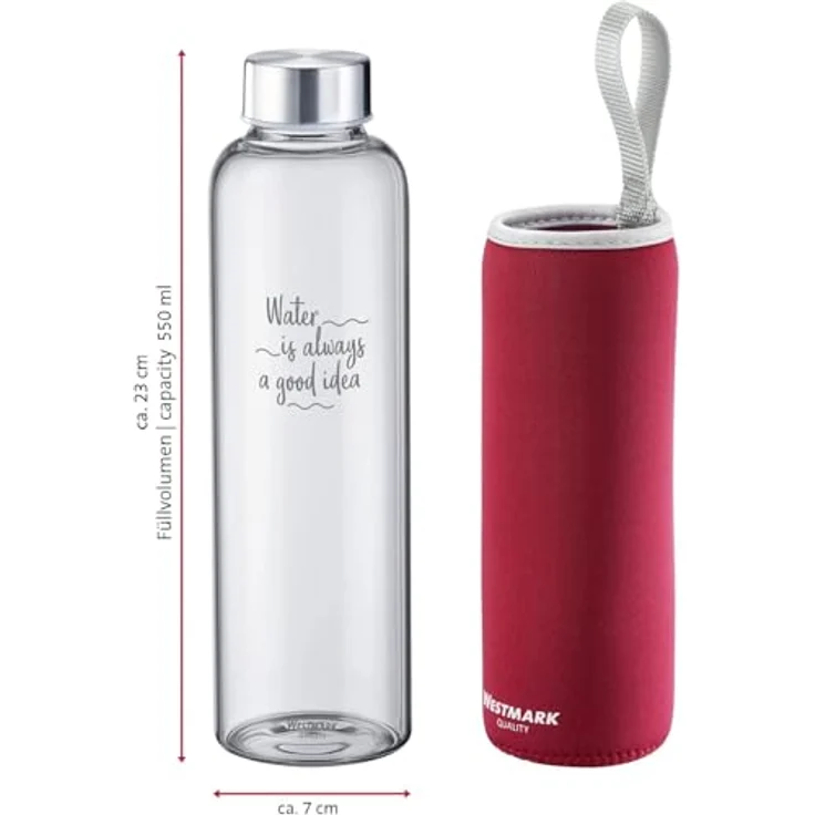 Westmark Trinkflasche, aus Glas mit Aufdruck, inkl. Schutzhülle, 550 ml, Glas-Silikon-Kautschuk, BPA-frei, Viva, Rot-Silber-Klar, 5272226R – Bild 9