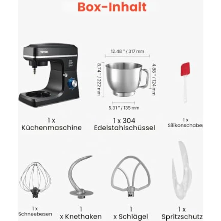 VEVOR Teigmixer 1400 W, Küchenmaschine mit 7,84 L Edelstahlschüssel, kippbarem Kopf, Knethaken, Schneebesen, schwarz – Bild 3