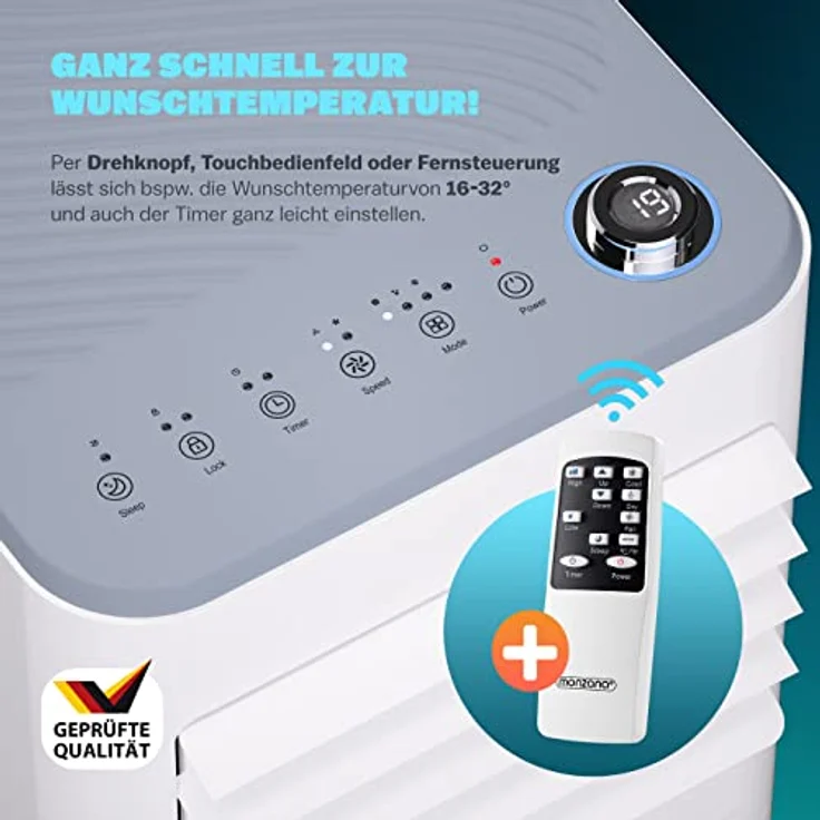 Monzana® Klimaanlage MZKA2000, mobile 3in1 Kühl- und Luftentfeuchtungsanlage mit 7000 BTU, 750W, 24h Timer, Fernbedienung und Rollladenkit für Räume bis 25qm – Bild 3