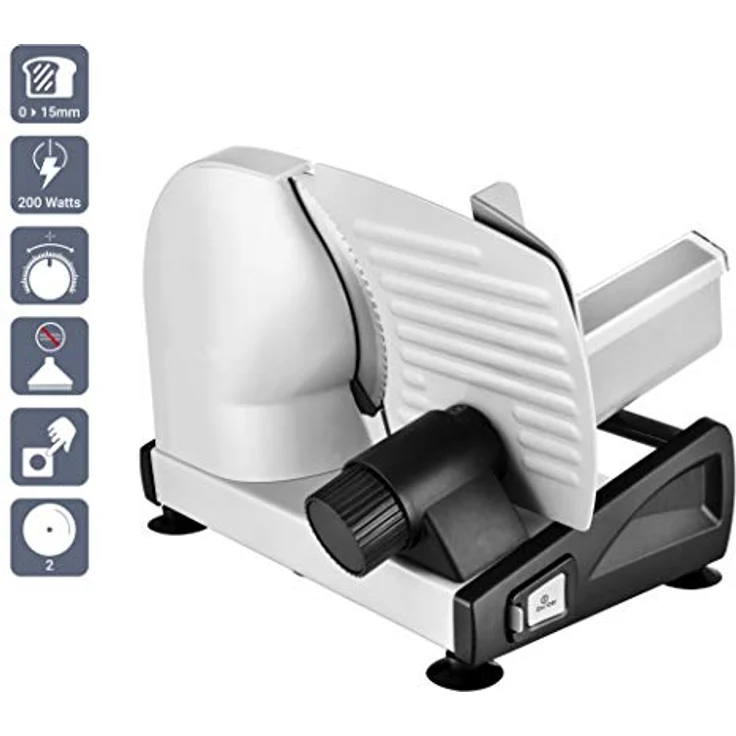 Venga! Universal Elektro-Allesschneider, Edelstahl, 2 Austauschbare Klingen, bis zu 15 mm Regelung der Schneidstärke, 200 W, Silber, VG AS 3005 – Bild 2