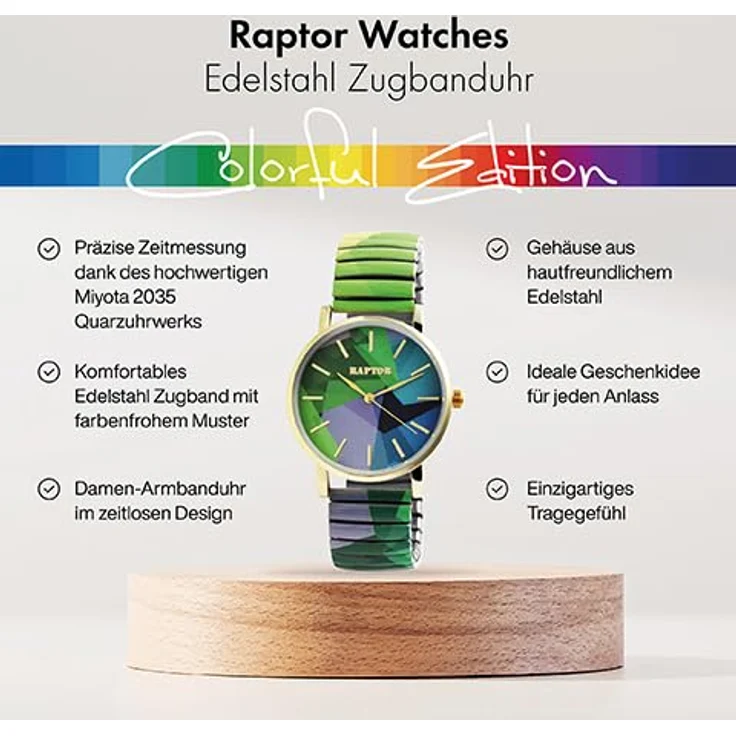 Raptor Colorful Edition Damen-Uhr, Quarz-Armbanduhr mit grünem Edelstahl Zugarmband und flexiblem Tragekomfort, 36 mm – Bild 2