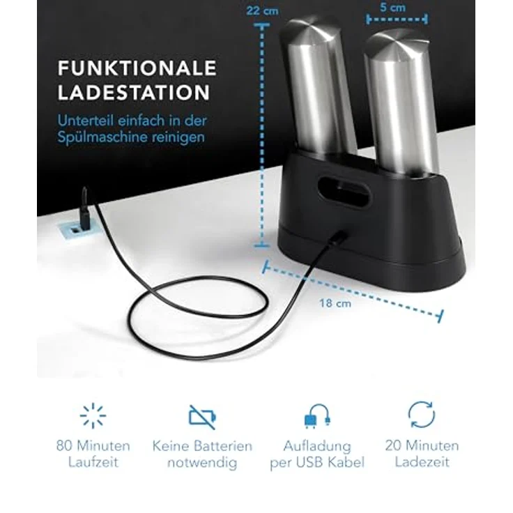 Lebenlang LBL9599, Pfeffermühle + Salzmühle, Keramikmahlwerk, LED-Leuchte, Silber-Schwarz – Bild 3
