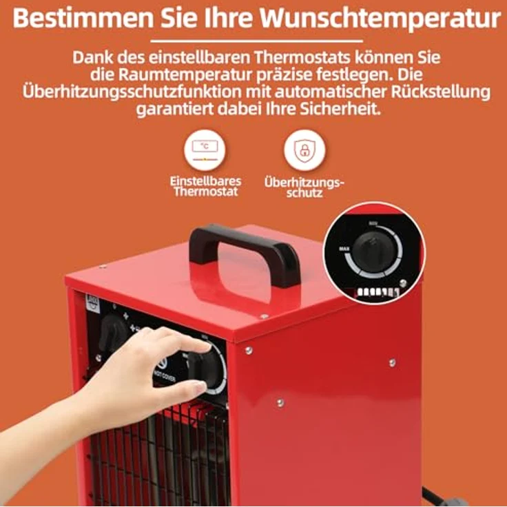SHX Heizlüfter 5000W SHX310HEAT2022 – 5000 Watt, Heizelement aus rostfreiem Stahl, 3 Betriebsmodi, spritzwassergeschützt, einstellbares Thermostat, Überhitzungsschutz, Tragegriff, rot/schwarz – Bild 4