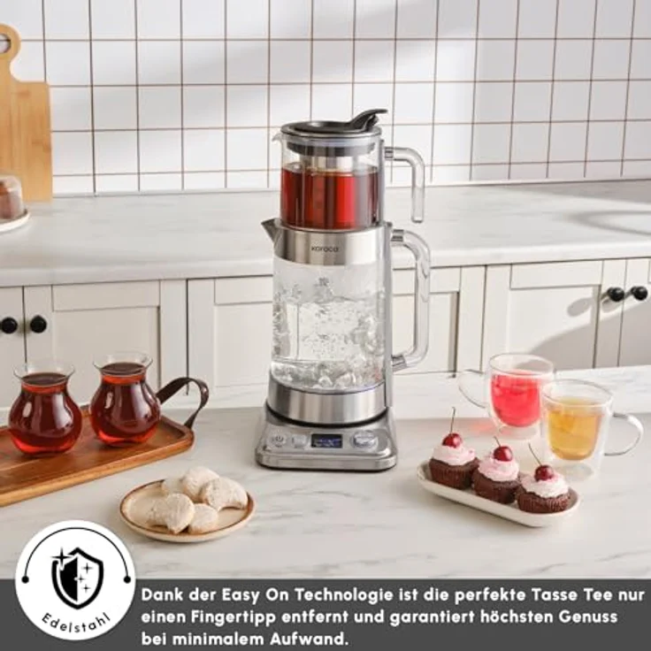 Karaca X Refika XL, Automatischer Teekocher & Caydanlik mit 2L Wasserkocher und 0,8L Glasteekanne, Multi-Temperatursteuerung, Eco-Modus, Chrom – Bild 5
