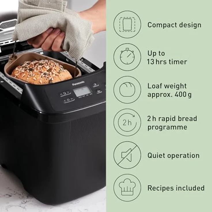 Panasonic SD-PN100KXE Brotbackautomat, Kunststoff, 400 Grams, Schwarz - TÄGLICH FRISCHES BROT | DUALE TEMPERATURSENSOREN | HANDWERKLICHES KNETEN | NACHHALTIGES BACKEN | 18 AUTOMATIKPROGRAMME | GLUTENFREIES BACKEN – Bild 4