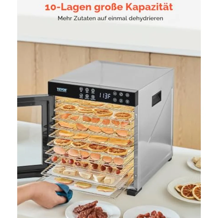 VEVOR Dörrautomat, elektrisches Dörrgerät mit 10 Edelstahlschalen, 1000 W, einstellbare Temperatur von 37,4 °C bis 77 °C, Sichtfenster, für Trockenfleisch, Obst, Gemüse und Kräuter – Bild 4