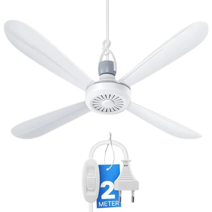 Bestlivings Mobiler Deckenventilator, Energiesparend mit 5 Watt Motor, Ø40 cm, Weiß, portabel mit Haken und abnehmbaren Flügeln