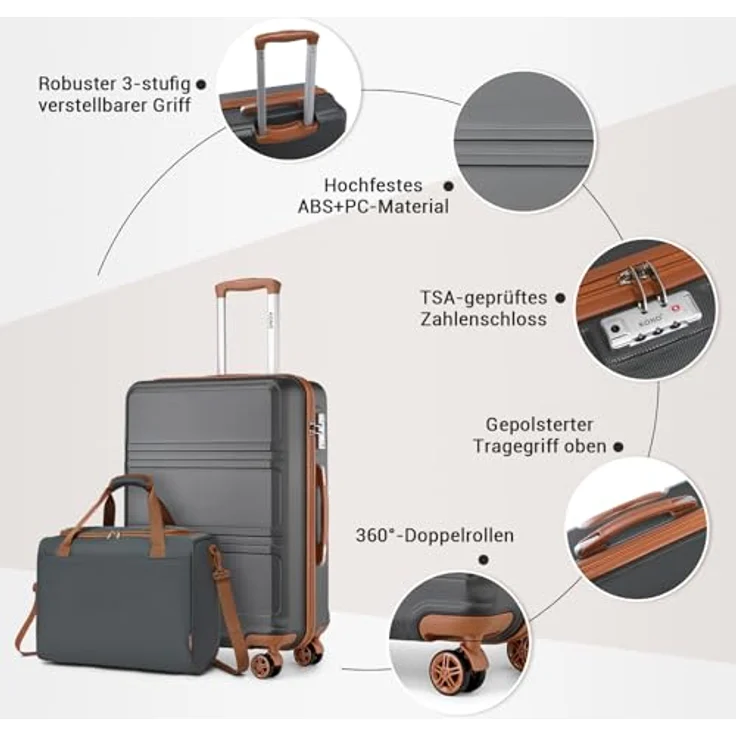 KONO Kofferset 4-teilig Hartschalenkoffer mit TSA Schloss und geräuschlosen 4 Rollen, inkl. Ryanair Reisetasche (55/65/74 cm), Grau/Braun – Bild 3