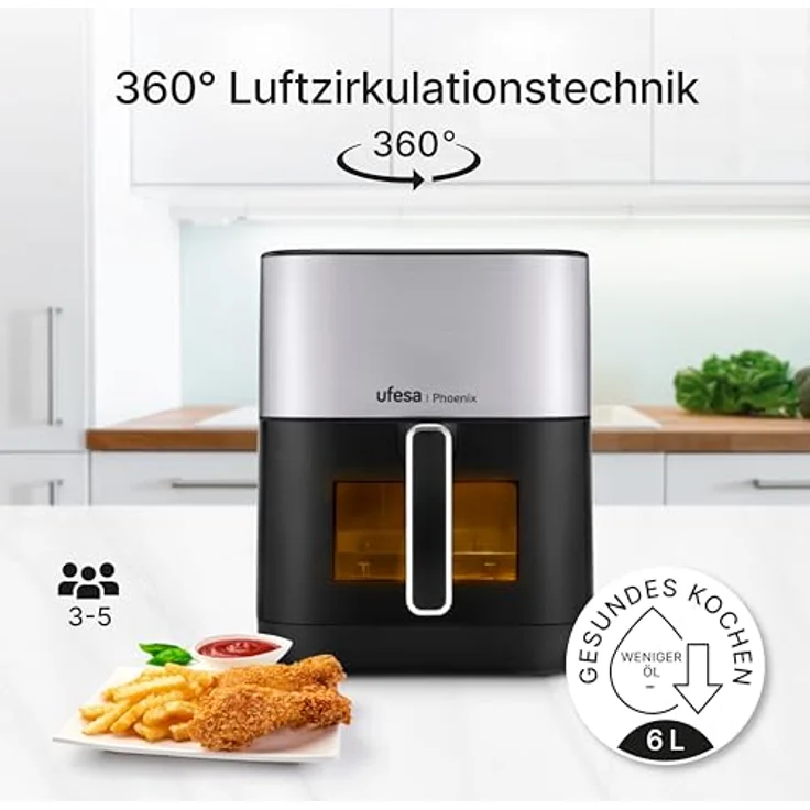 UFESA Phoenix, Heißluftfritteuse mit Dampffunktion, 6 L, 1800 W, 10 Programme, Fenster und Innenlicht, inkl. Rezeptbuch – Bild 5