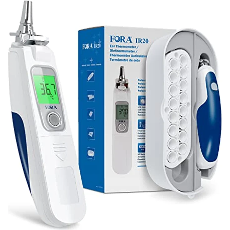 FORA IR20C, Infrarot Ohrthermometer in medizinischer Qualität mit 16 Einmal-Schutzkappen, kleiner Eisenkopf- langlebig, Einfach zu säubern. – Bild 1
