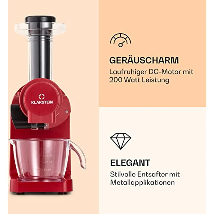 Klarstein Bella Elegance Saftpresse 200 W, Entsafter mit 400 ml, BPA-frei, rutschfester Standfuß, max. Dauerbetriebszeit: ca. 20 Minuten, einfache Reinigung, rot – Bild 3